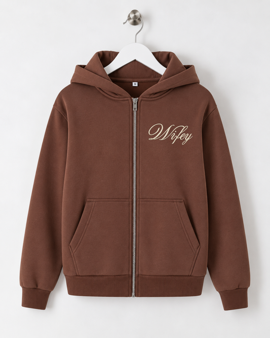 Wifey Embroidered Zip Hoodie - Chocolate