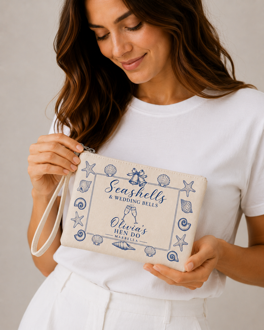 Personalised Hen Party Clutch Bag- Seashells and Wedding Bells