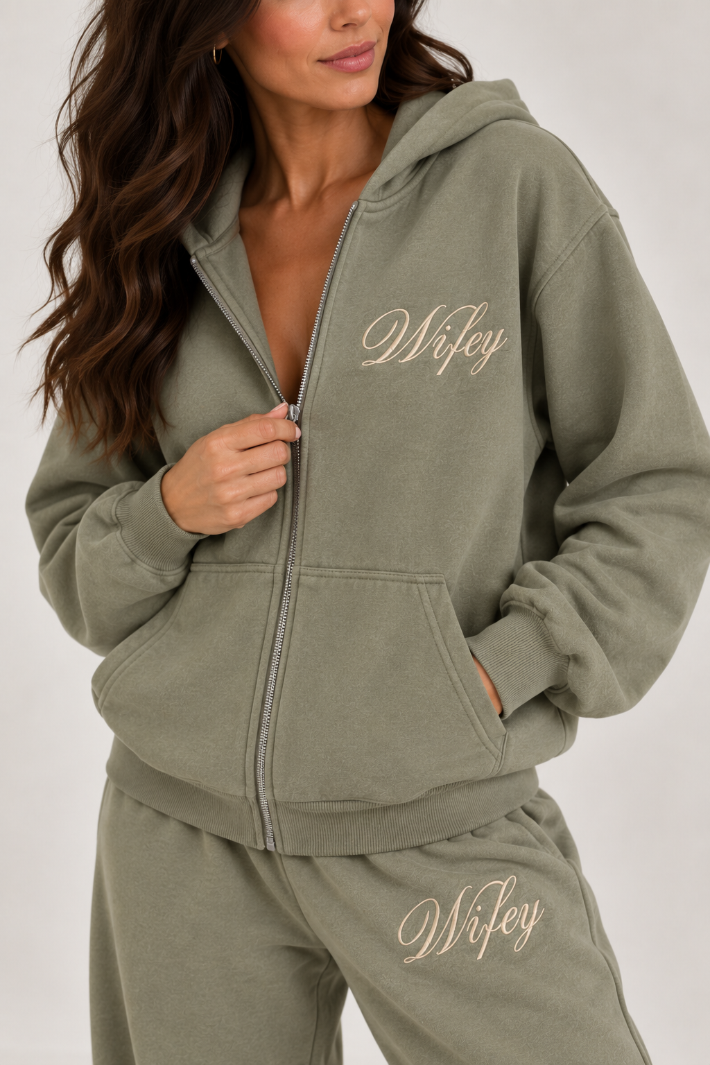 Wifey Embroidered Zip Hoodie - Moss Green