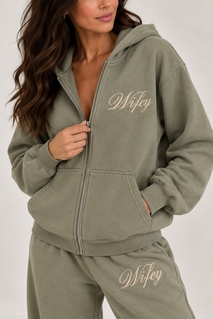 Wifey Embroidered Zip Hoodie - Moss Green