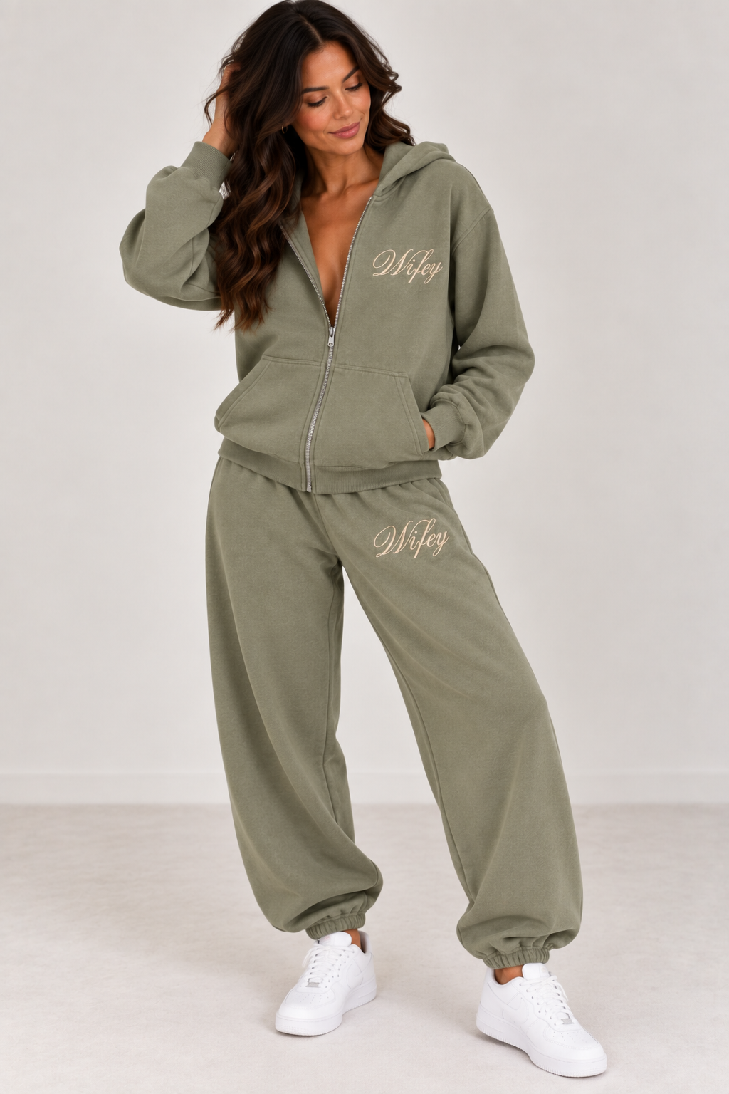 Wifey Embroidered Zip Hoodie - Moss Green