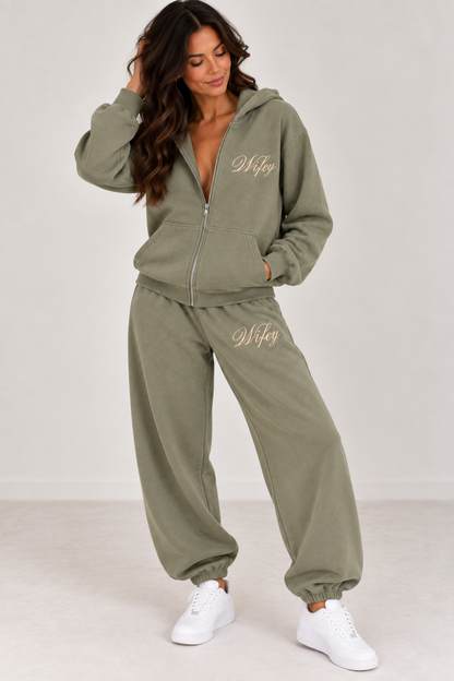 Wifey Embroidered Zip Hoodie - Moss Green