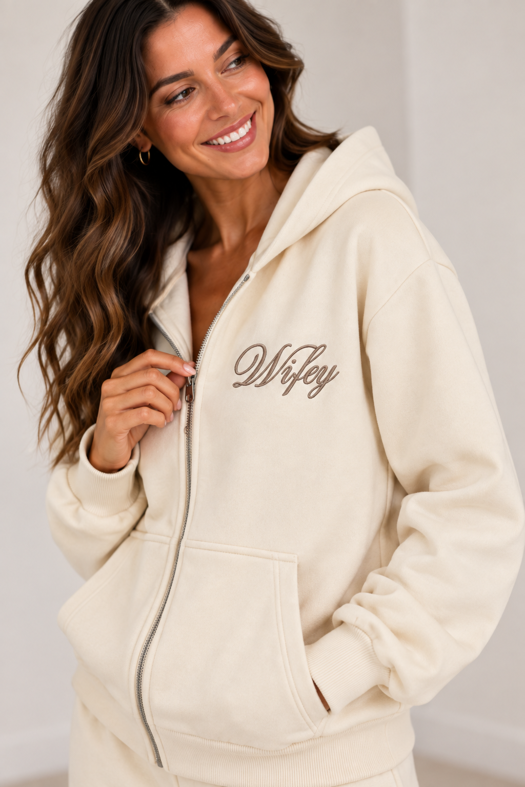 Wifey Embroidered Zip Hoodie - Ivory