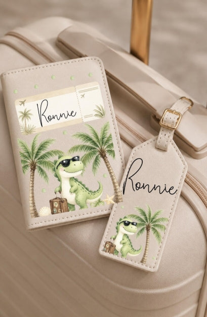 Child's Passport Cover & Luggage Tag Pink Dino