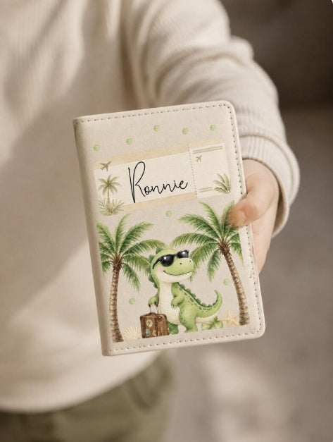 Child's Passport Cover & Luggage Tag Pink Dino