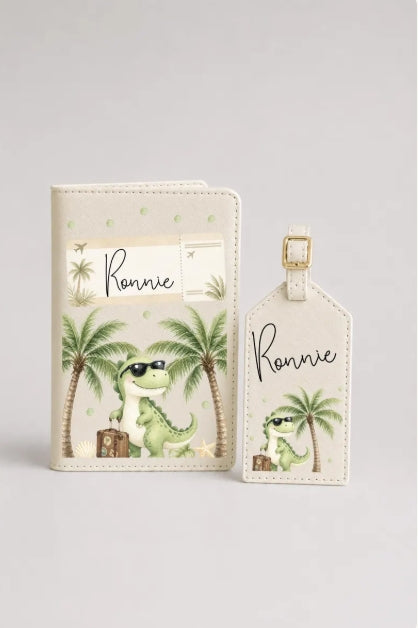 Child's Passport Cover & Luggage Tag Pink Dino