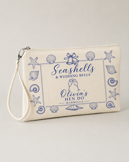 Personalised Hen Party Clutch Bag- Seashells and Wedding Bells
