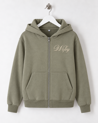 Wifey Embroidered Zip Hoodie - Moss Green