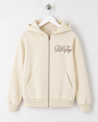 Wifey Embroidered Zip Hoodie - Ivory