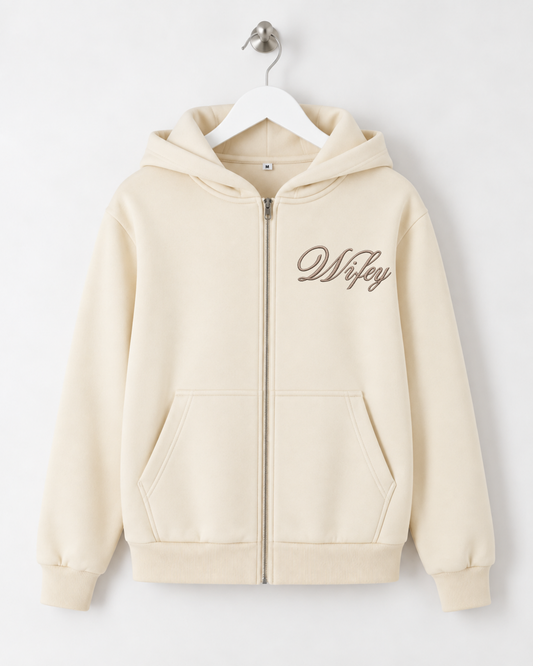 Wifey Embroidered Zip Hoodie - Ivory