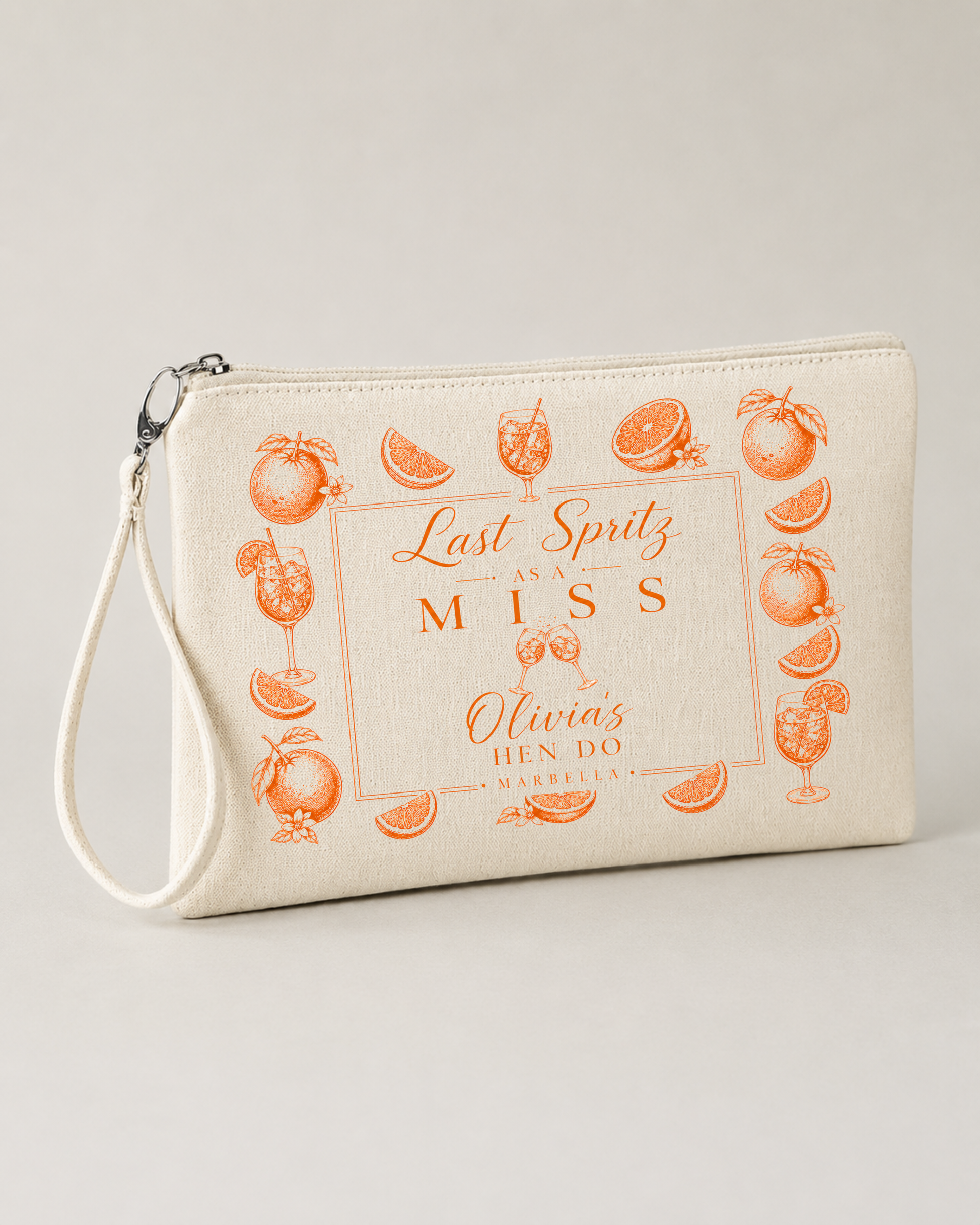 last spritz as a miss clutch bagAdd a special touch to your hen do with a personalized clutch bag! 💕✨ Perfect for matching outfits and unforgettable memories. Customize it with the bride's name, date, and location!